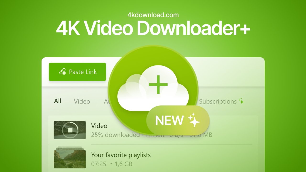 A green and white graphical user interface for 4K Video Downloader with a prominent Paste Link button and the label NEW.