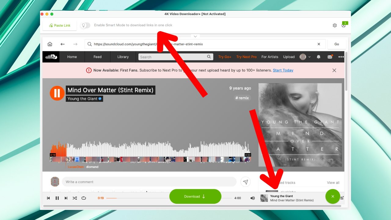 Screenshot of a SoundCloud track titled 'Mind Over Matter (Stint Remix)' by Young the Giant with visual sound wave, download button, and related tracks.