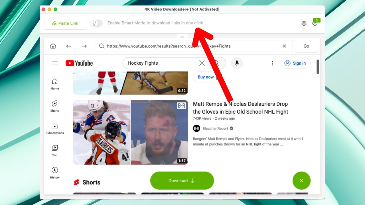 Screenshot of YouTube search results for hockey fights, featuring videos and a red arrow pointing at a download button.
