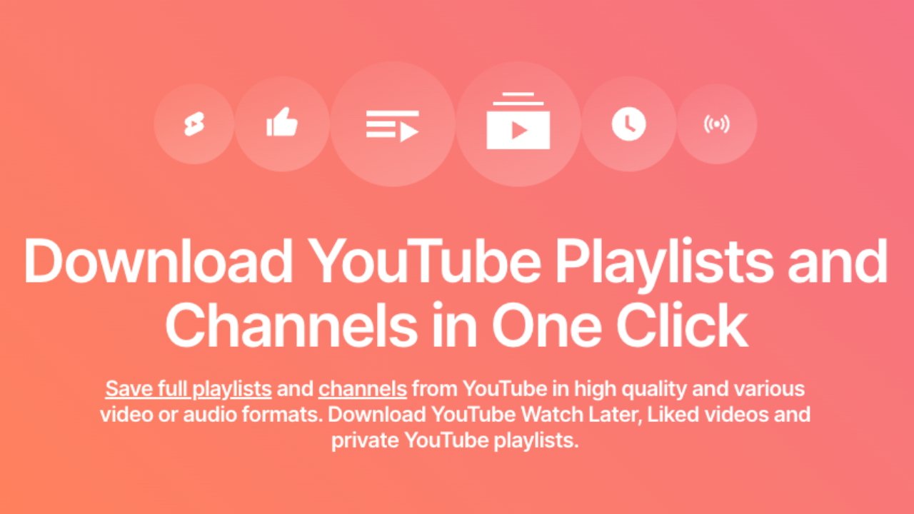 Promo graphic for a service to download YouTube playlists and channels with a single click, advertising high quality and various formats.