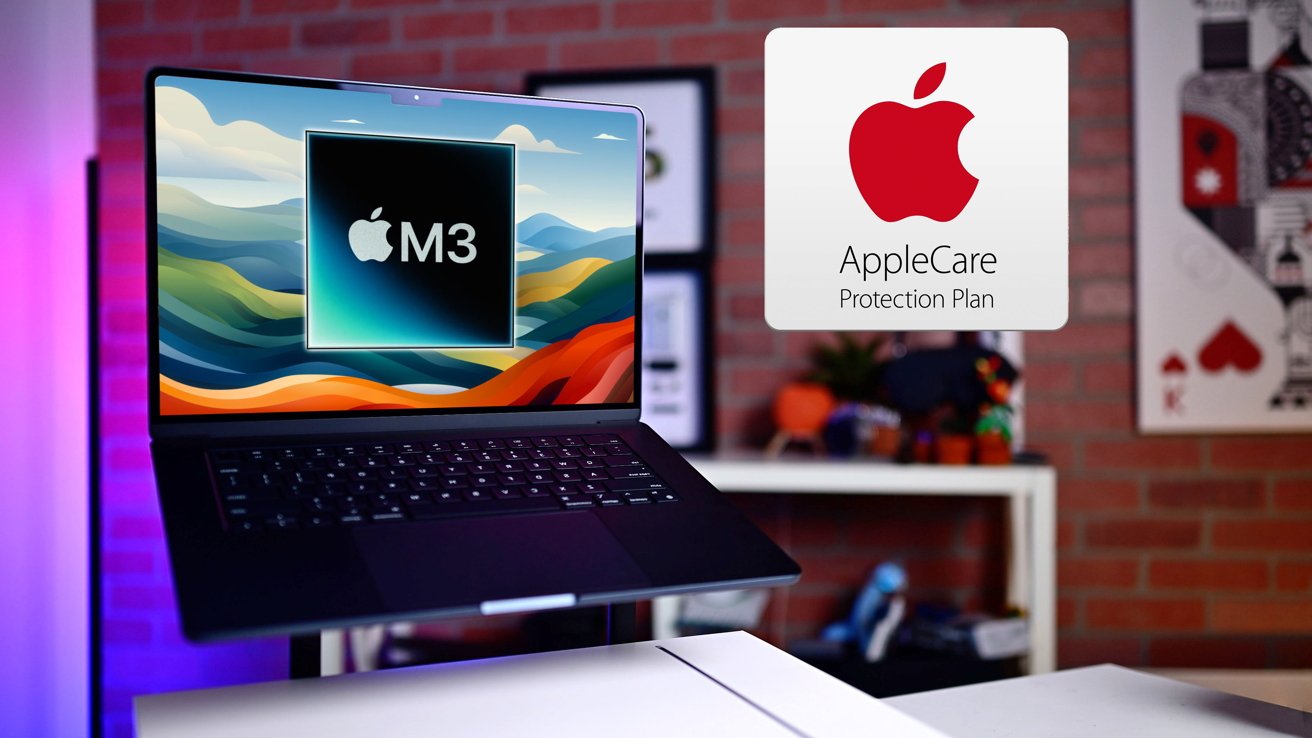 Midnight MacBook Air hovering over desk with M3 chip wallpaper and AppleCare protection plan logo to the side.