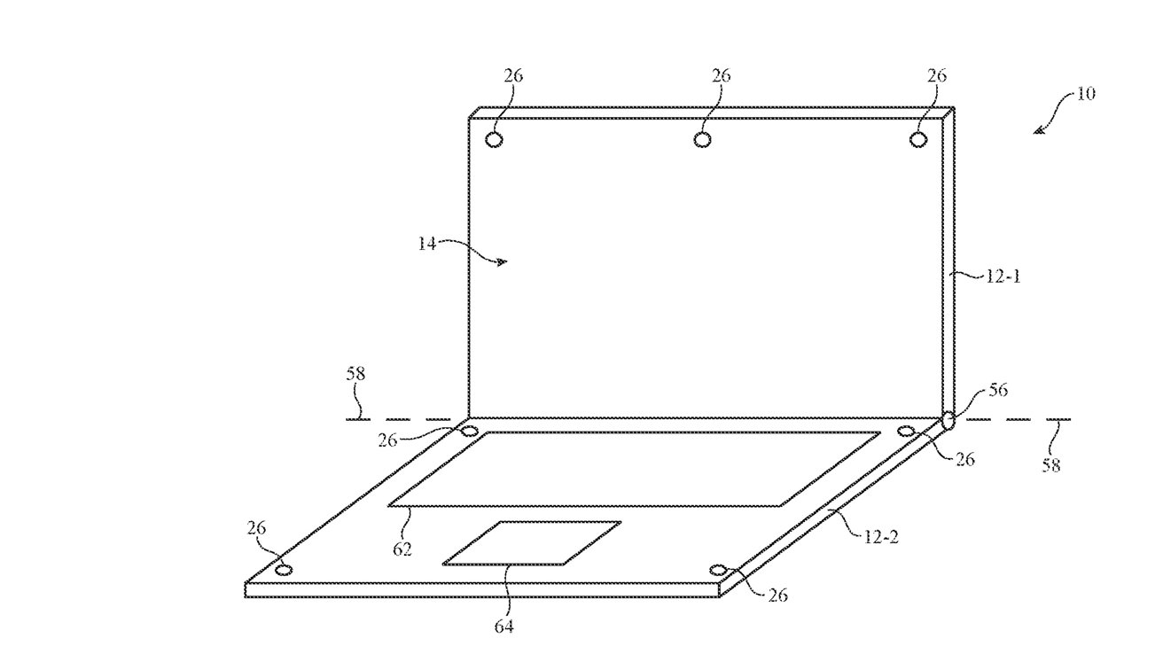 Technical drawing of an open laptop with labeled components indicating a possible patent or design schematic.