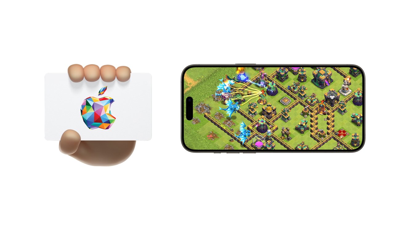 Hand holding a gift card with a colorful Apple logo next to a smartphone displaying Clash of Clans