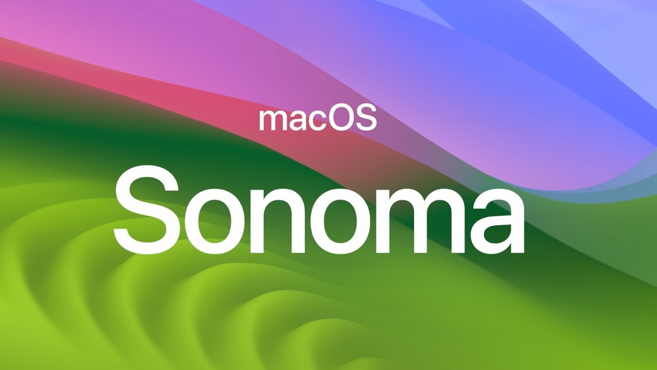Colorful abstract wallpaper with the text 'macOS Sonoma' prominently displayed in the center.