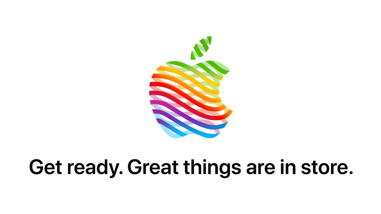 A stylized Apple logo with rainbow colors shown as ribbons. Text reads 'Get ready. Great things are in store.'