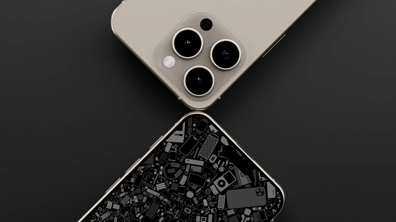 Two iPhone 16 Pro renders with one facing down with a tan color, the other facing up with a dark wallpaper.