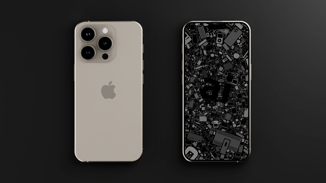 Two iPhone 16 Pro renders side by side, one facing down with a tan color, one facing up with a wallpaper showing the AppleInsider logo