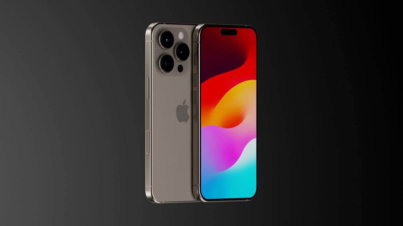 Two iPhone 16 Pro renders laying atop each other, one facing down with a tan color, one facing up with a red wallpaper