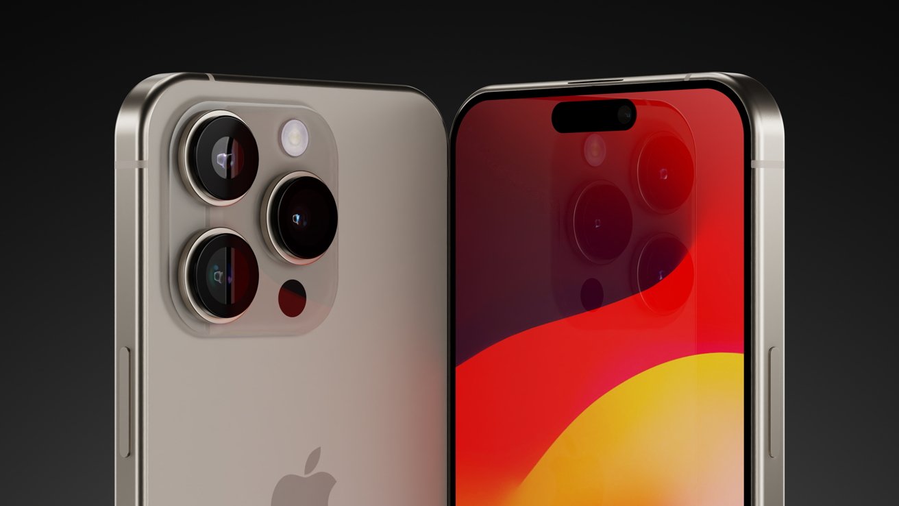 Two rendered iPhone 16 Pros, one facing away with a tan back and large camera bump, one facing forward showing a red wallpaper
