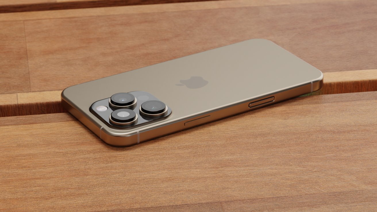 A rendered iPhone 16 Pro laying face down on a wooden table