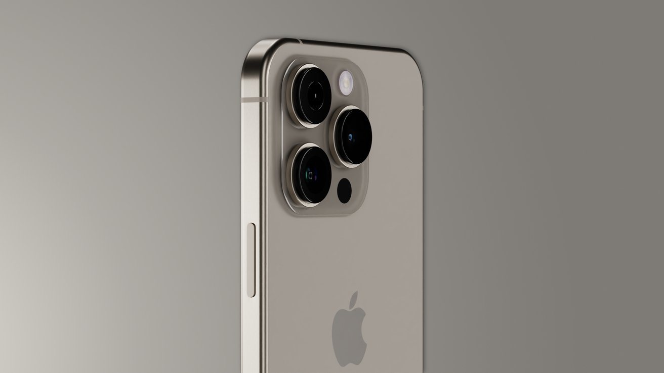 A rendered iPhone 16 Pro with a tan colored back and large camera bump