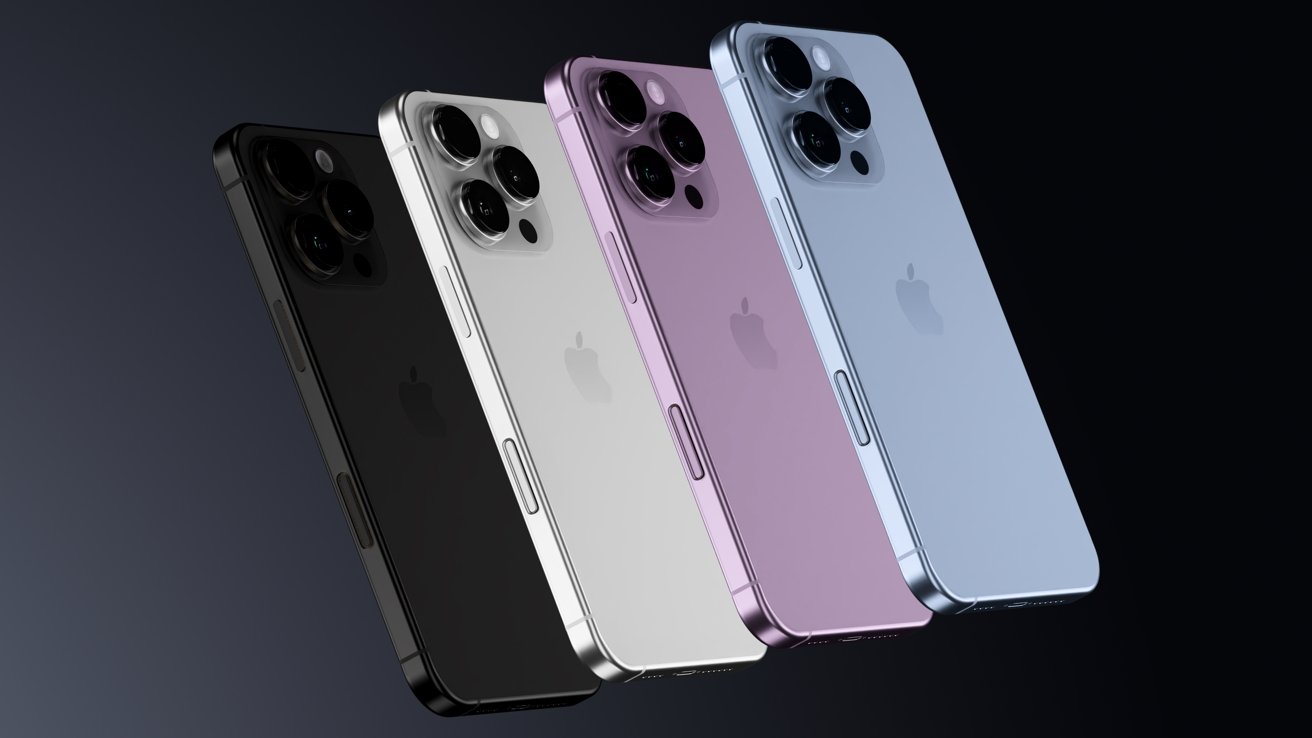 A render of four iPhones based on leaked iPhone 16 Pro designs. They are colored black, white, purple, and blue.