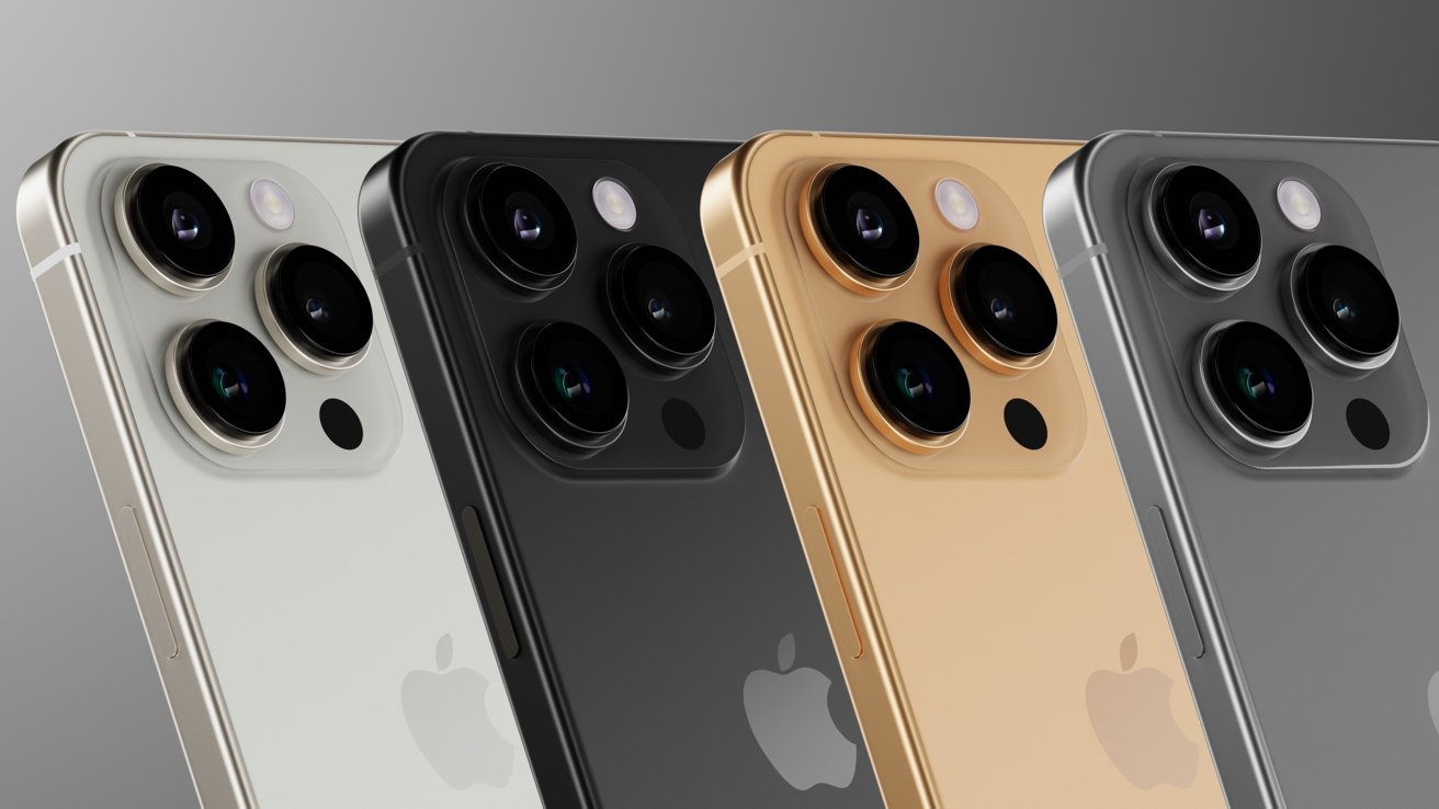 iPhone 16 Pro renders shown in four colors: white, black, rose, and titanium