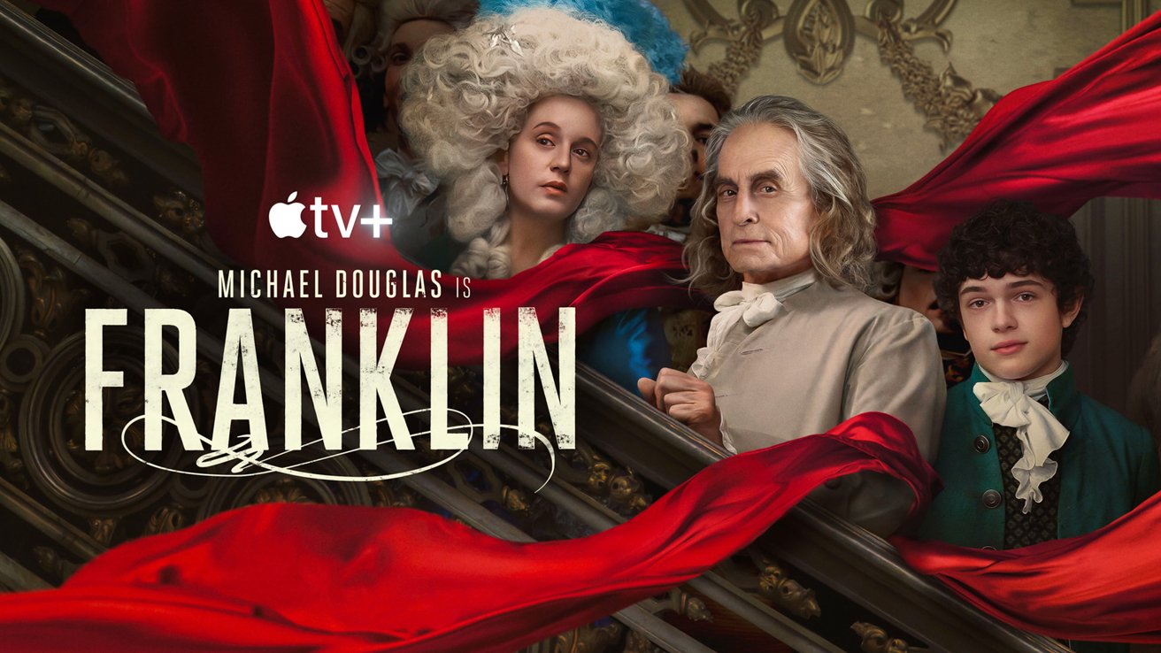 Promotional artwork featuring three characters in historical costumes with a billowing red drape, text reads 'Michael Douglas is Franklin' on Apple TV+.