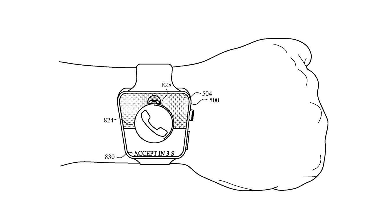 Technical drawing of a smartwatch with a call notification on the screen, located near a person's wrist.