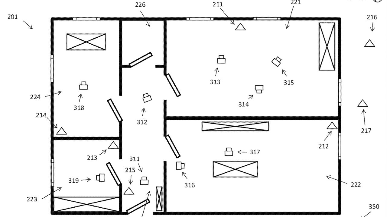 A black and white floor plan with labeled rooms, furniture symbols, and directional notations.