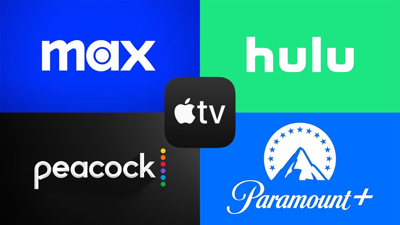 Streaming services: HBO Max, Hulu, Apple TV, Peacock, and Paramount Plus logos, against colorful backgrounds.