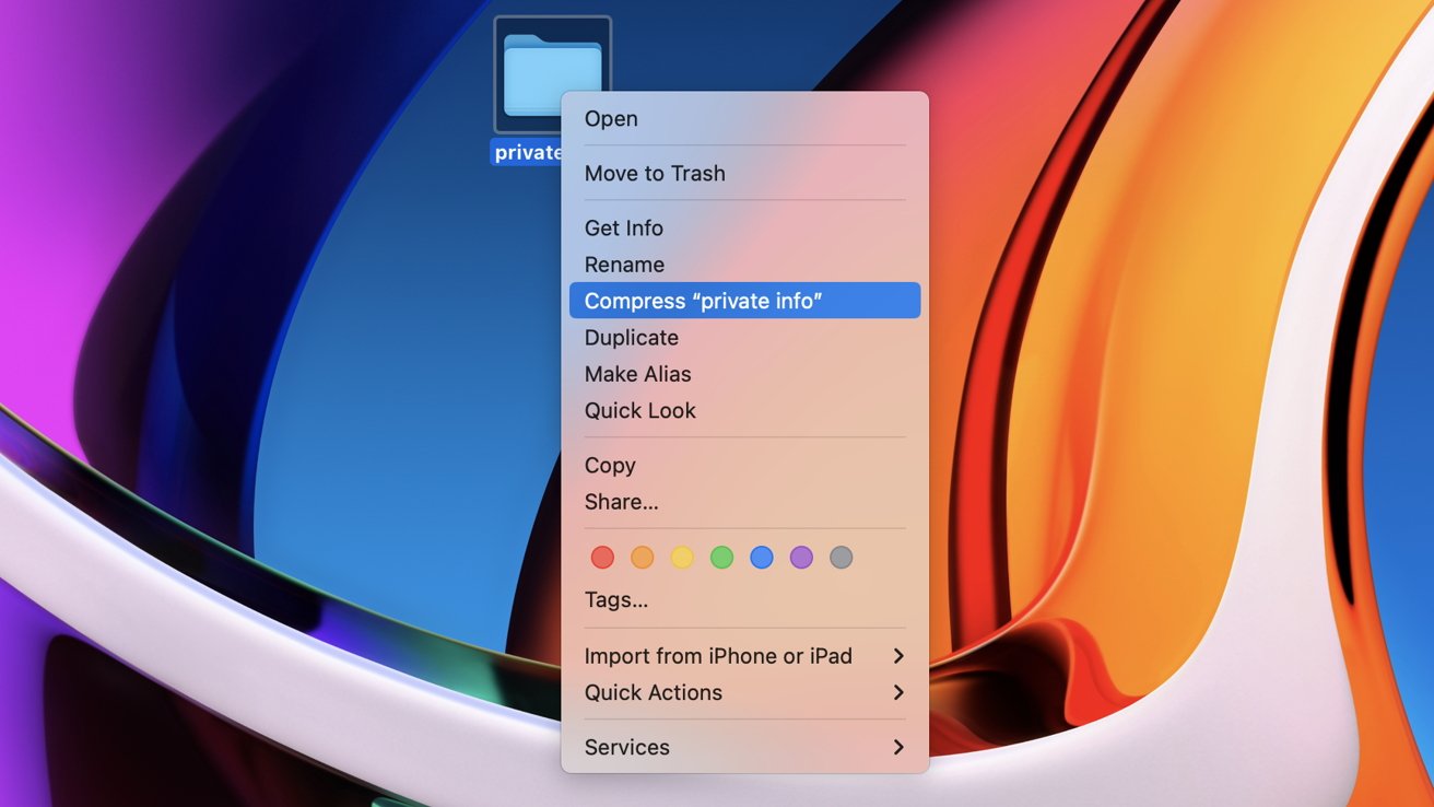 Mac desktop with a colorful abstract wallpaper and context menu open, offering options like compressing a folder named 'private info.'