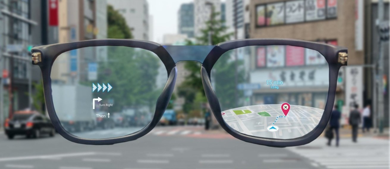 A picture of glasses looking at a city area with icons and directions in the lenses