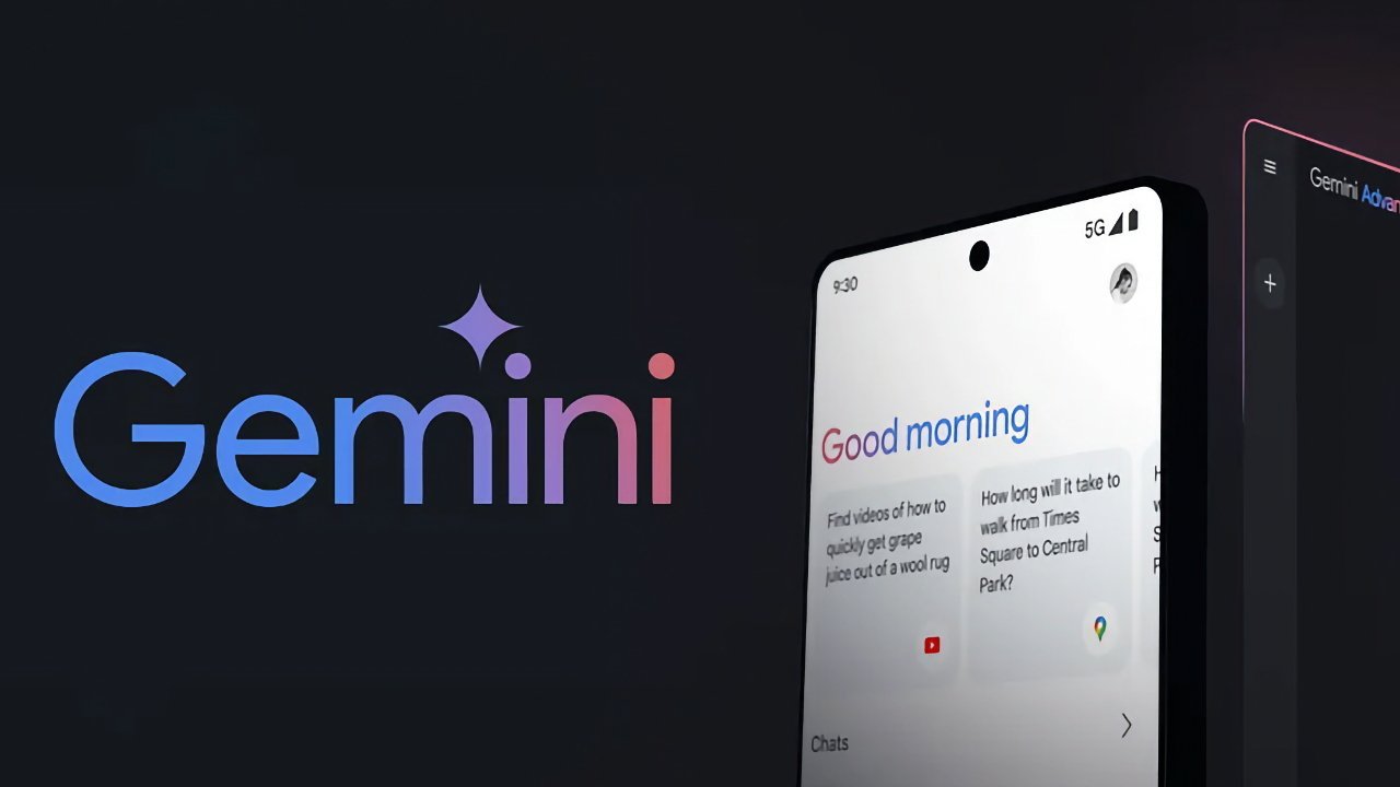 Graphic showcasing Gemini brand with two smartphones, one displaying a digital assistant screen with text messages and '5G' symbol.