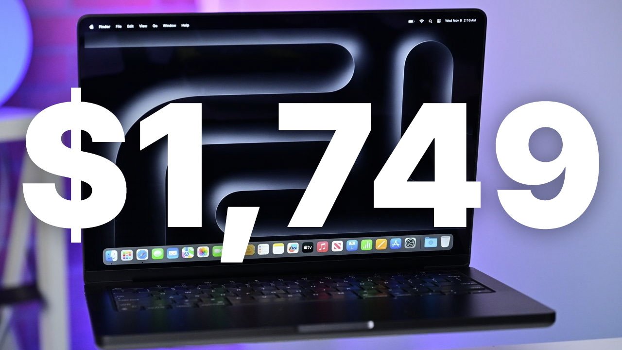 Space Black MacBook Pro with a price tag of $1,749 displayed prominently on the screen against a purple background.