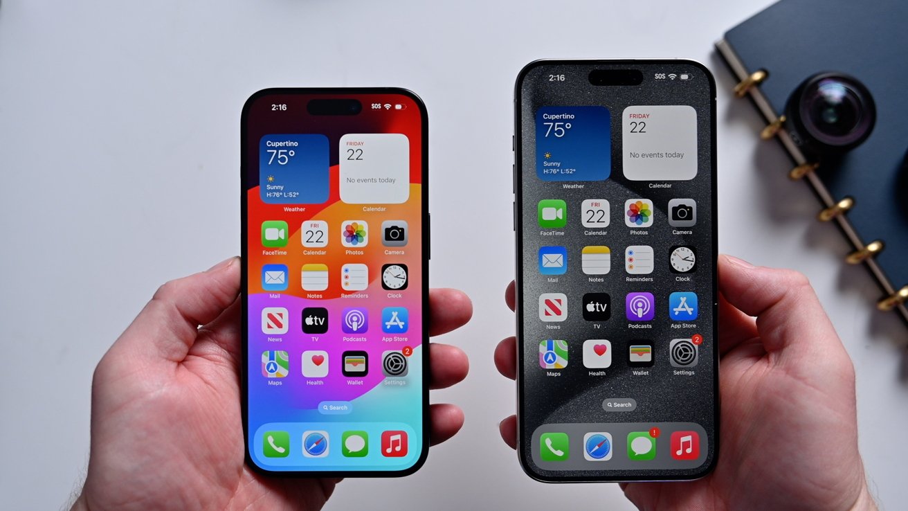 Two iPhone models side by side with widgets and apps shown on the displays