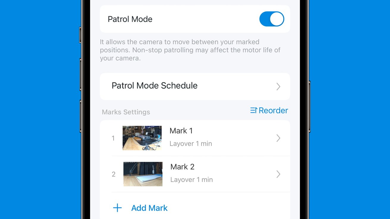 A settings view in the Tapo app for setting up Patrol Mode. Two marks show where the camera will stop when patrolling.