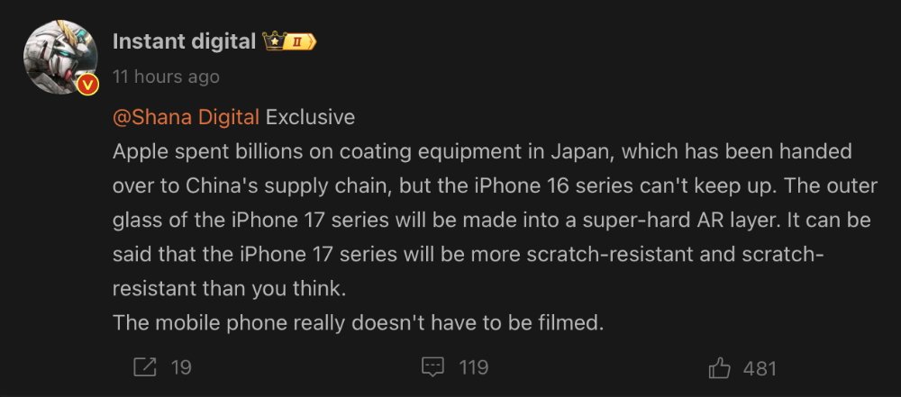 Screenshot of a social media post discussing Apple's investment in coating equipment and the scratch resistance of an upcoming iPhone model.