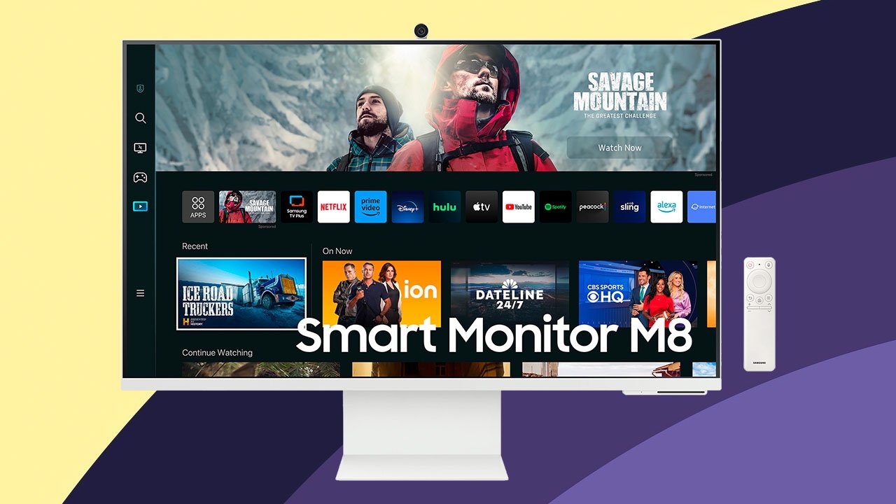 Samsung M8 monitor showing streaming service interface with movie options and remote control on the side.