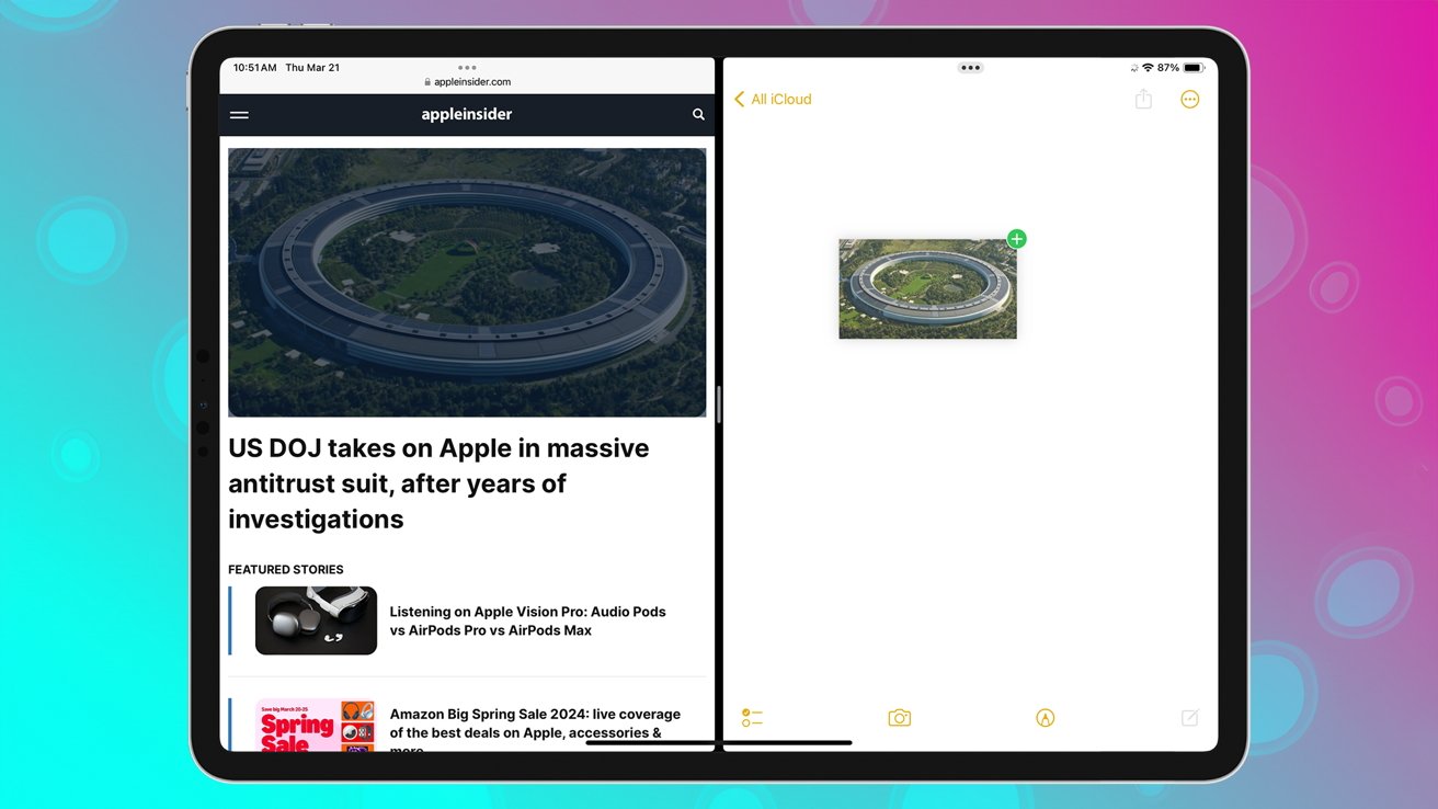 A split-screen view of an iPad with a news article on the left and a Notes window on the right