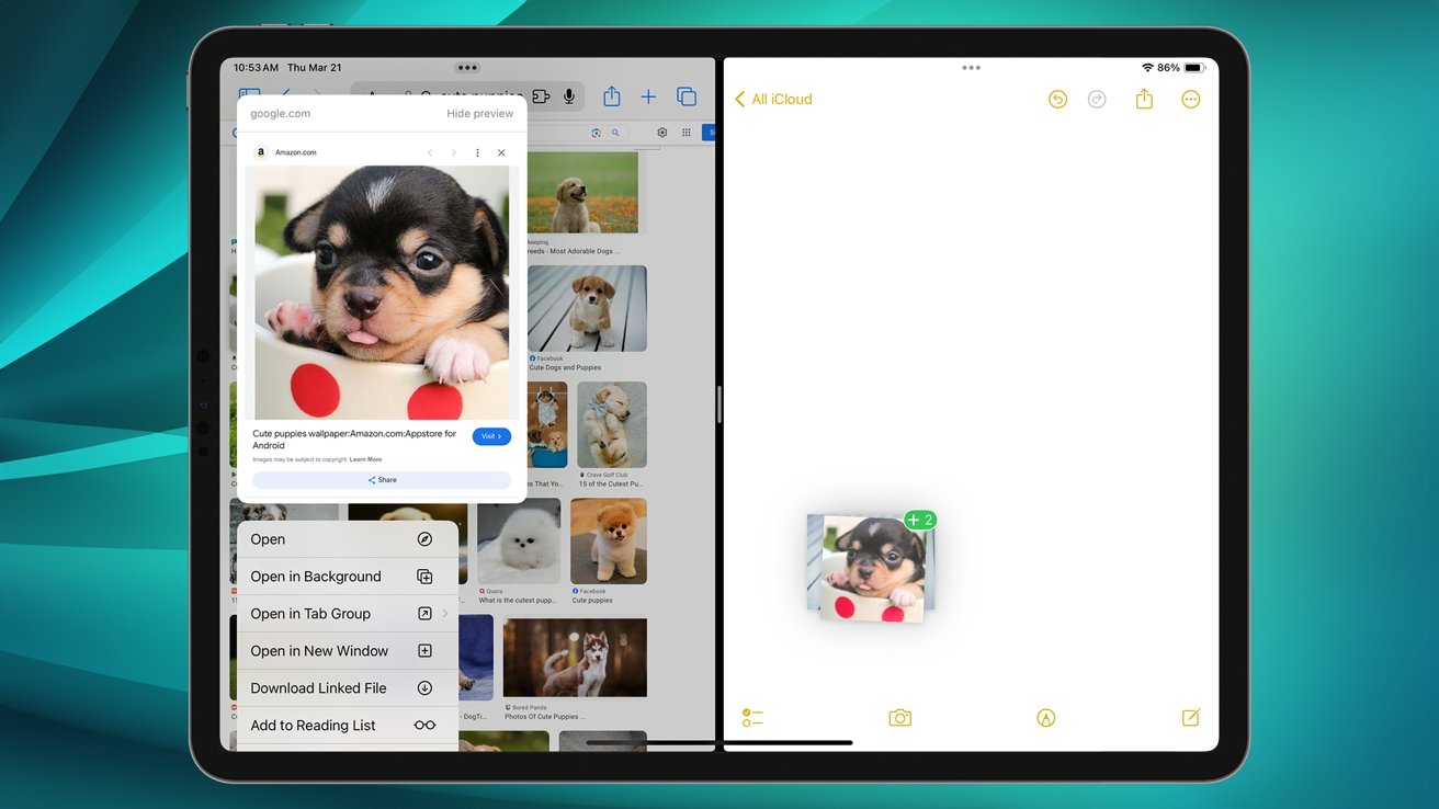 An open tablet displaying split-screen with a web search for puppies on the left and a cloud storage interface on the right.
