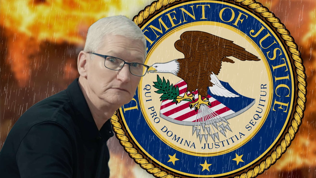 Tim Cook in front of a backdrop of a fiery explosion and the Department of Justice seal.
