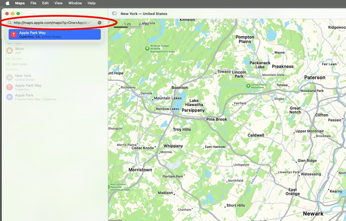 Aplikace Apple Maps s vloženou adresou URL mapy.