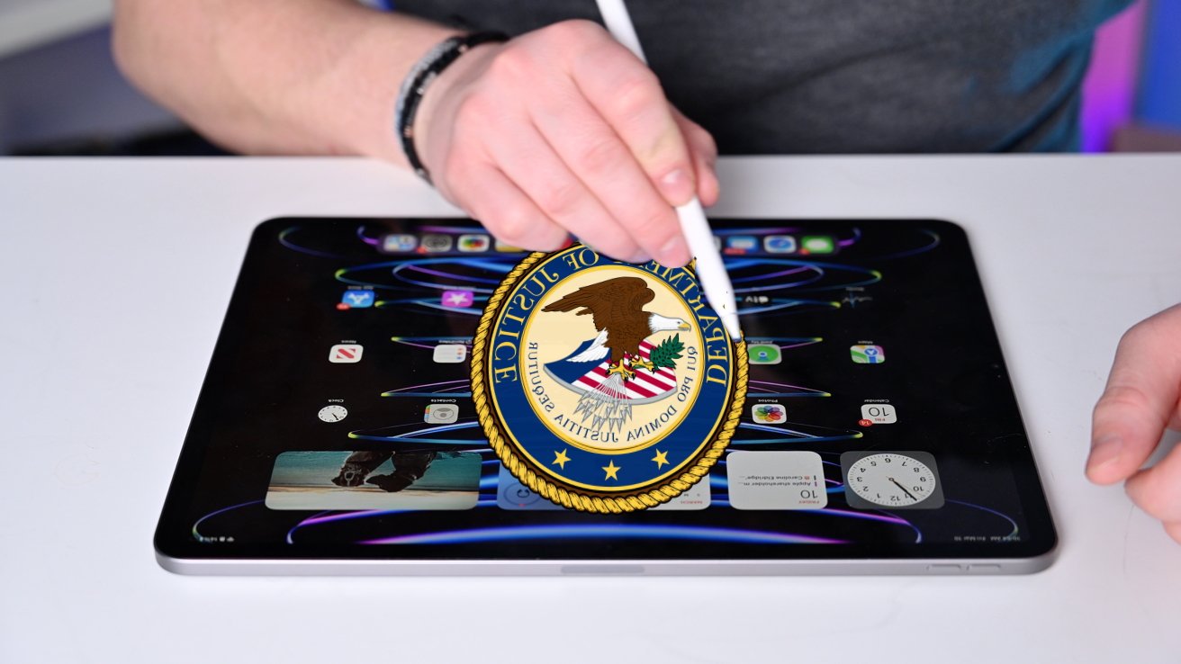 Hand holding a stylus over a tablet displaying colorful graphics and a presidential seal.