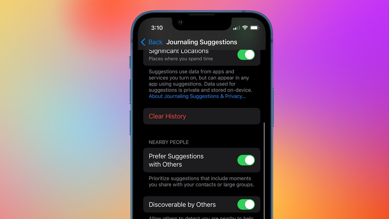 Smartphone screen showing a settings menu for 'Journaling Suggestions' with toggle switches and options for location and privacy settings.