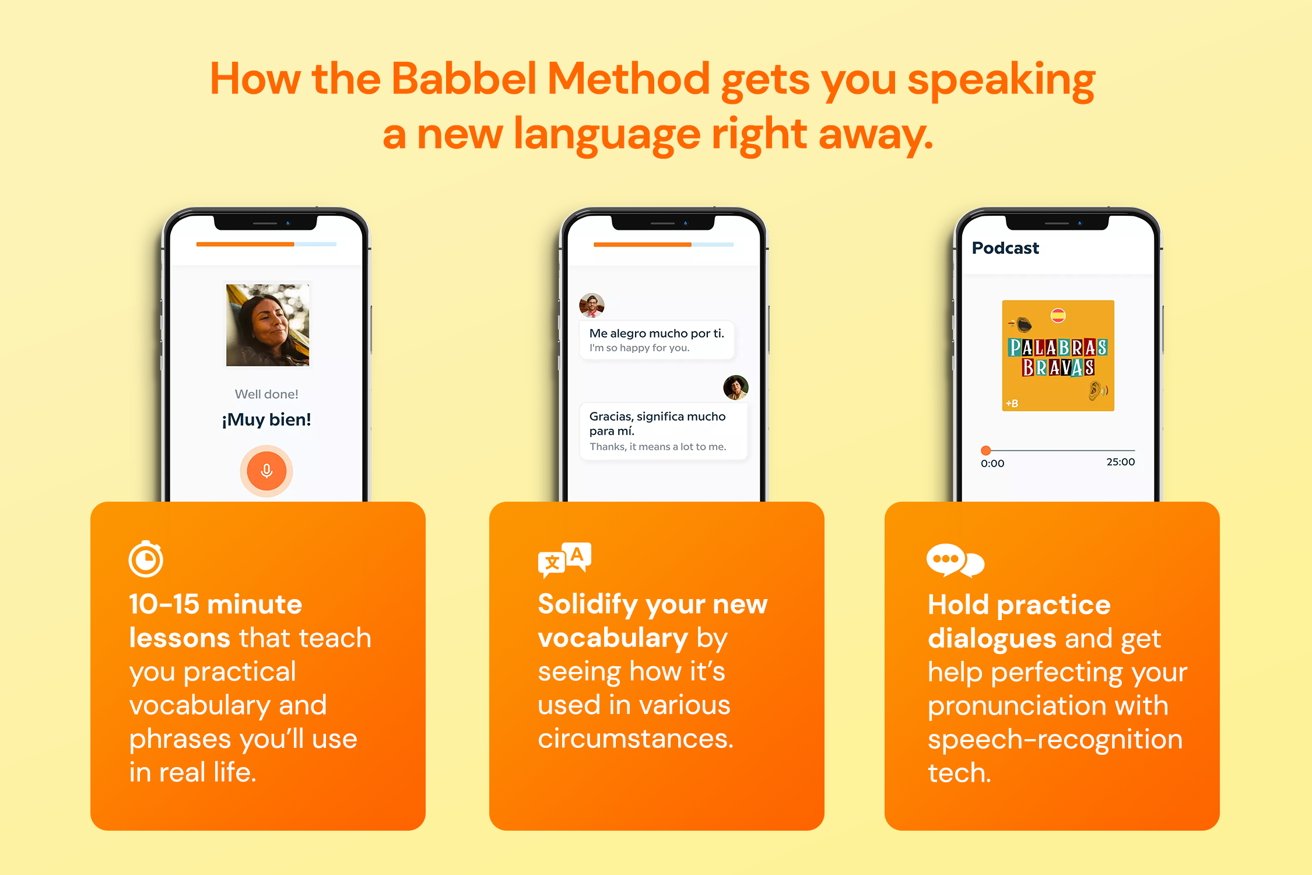 Three smartphones displaying the Babbel language learning app with different features highlighted on an orange and yellow background.
