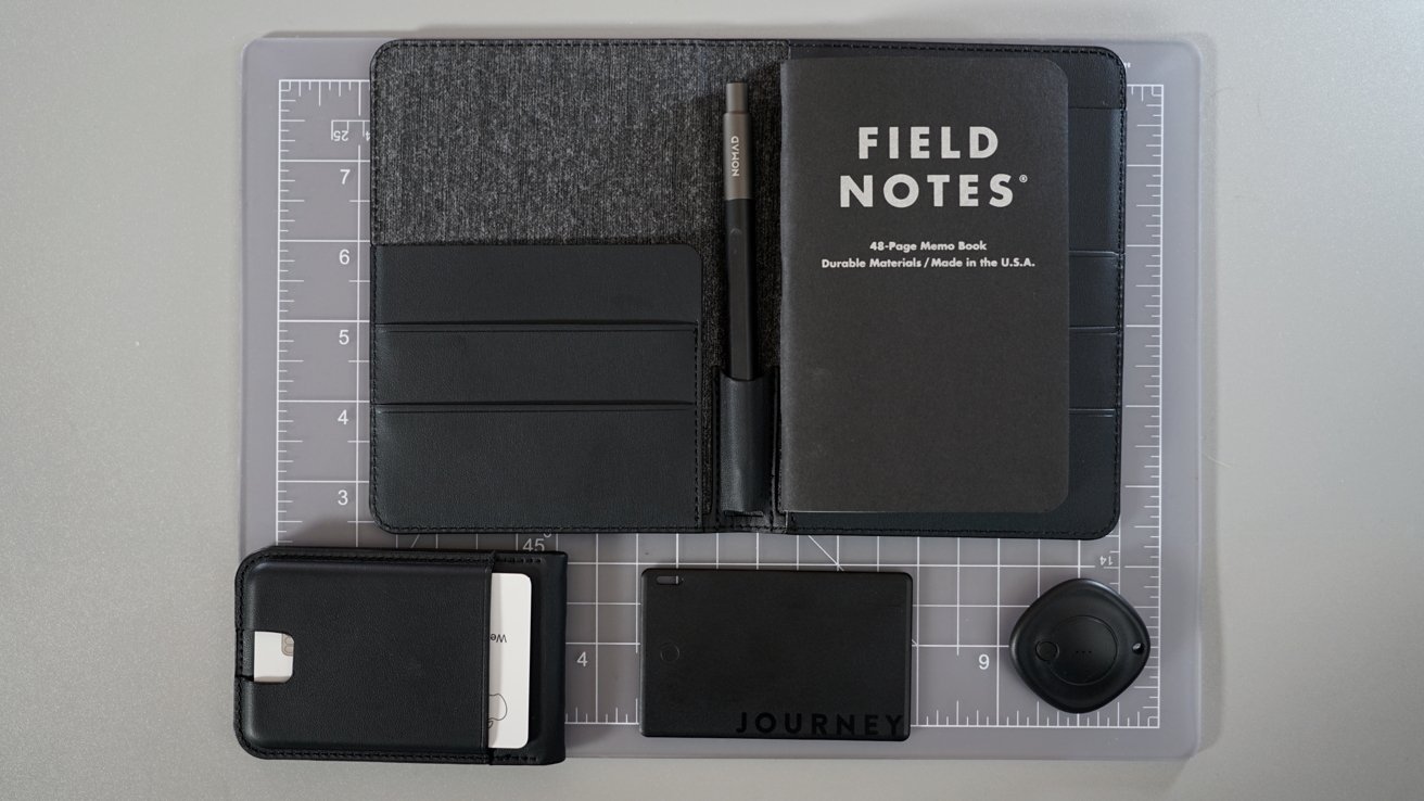 A passport wallet, tracker card, tracker tag, and Loc8 Wallet