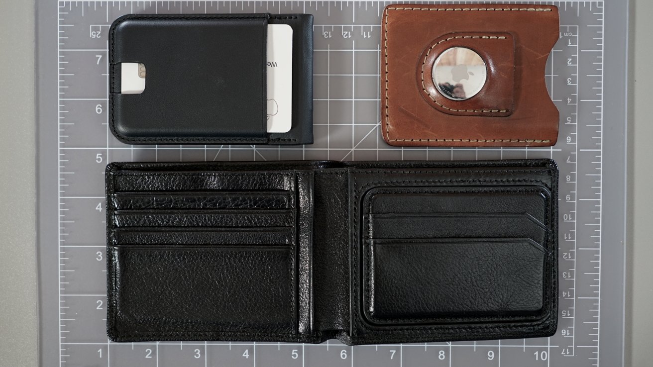 Loc8 Wallet next to a brown wallet with an AirTag and above a bifold wallet