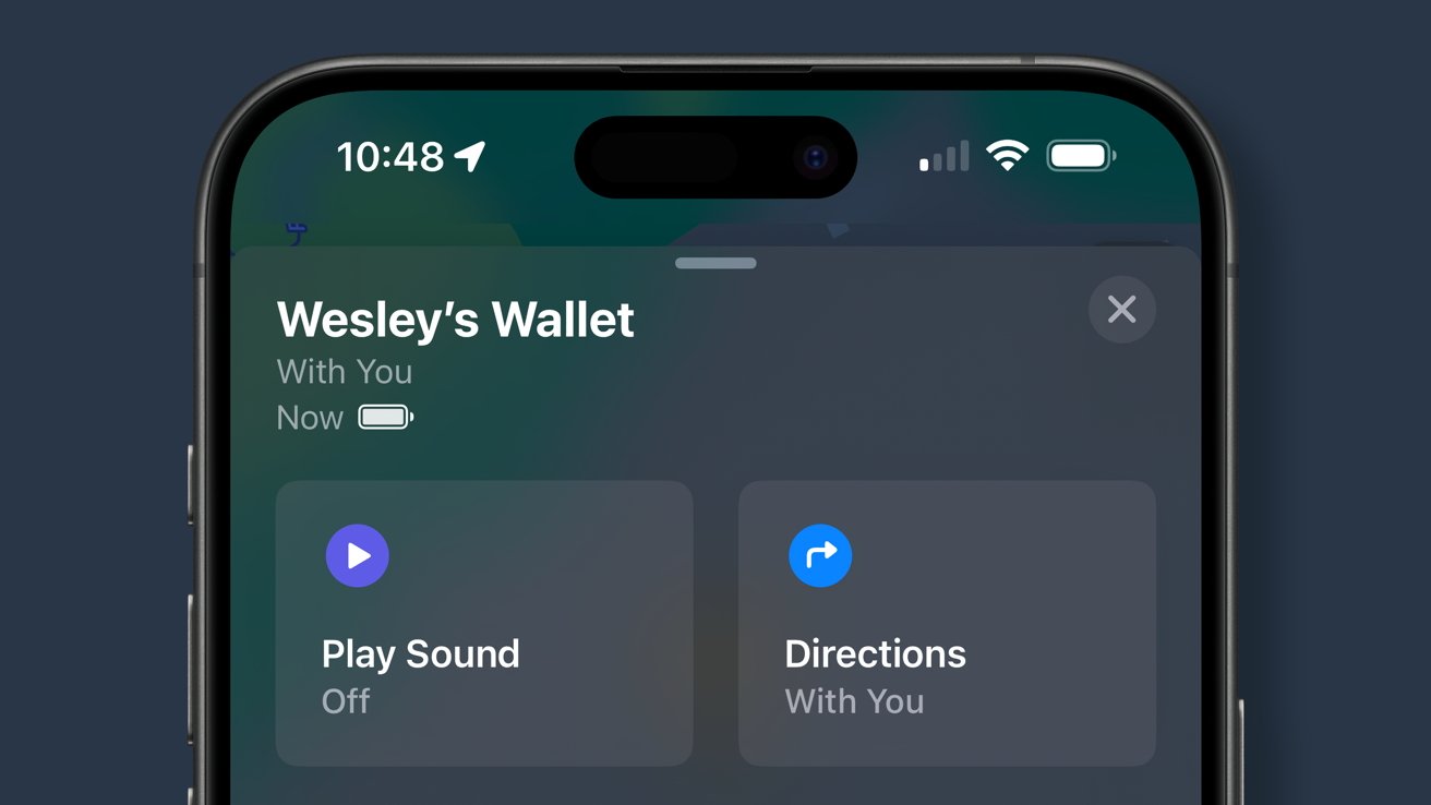 A screenshot of the Find My app with options to find or play sounds for Wesley's Wallet