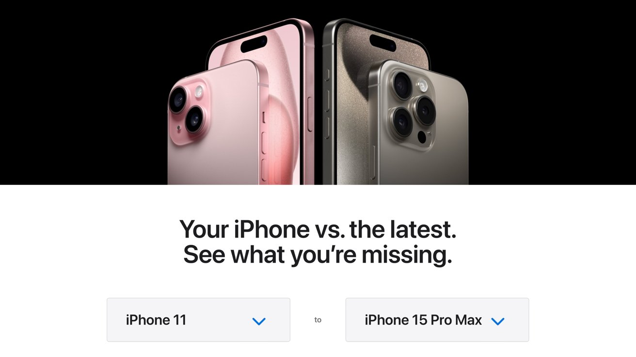 Apple's graphic with multiple iPhones, two pink and two titanium, showcasing a new comparison tool.