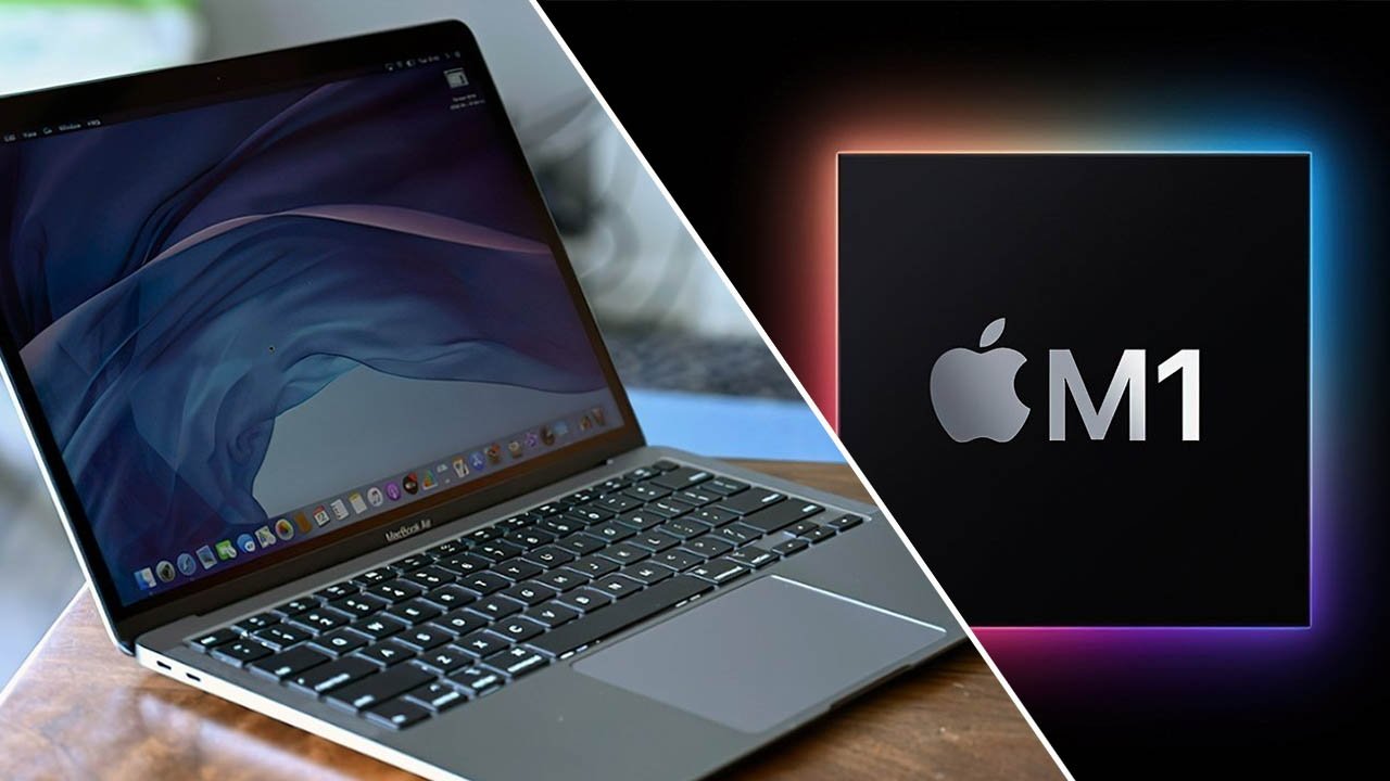 Apple's M1 MacBook Air in Space Gray with wallpaper displayed next to the Apple M1 chip logo with colorful background.