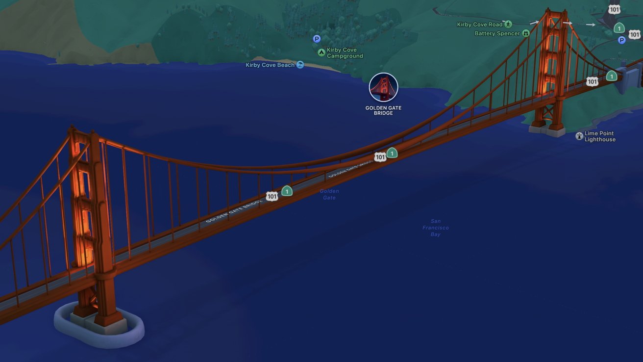 A screenshot of the Golden Gate Bridge in the cartoony style of Apple Maps