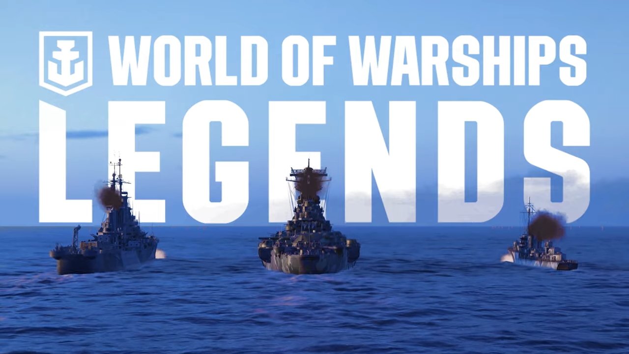 Promotional graphic for World of Warships Legends featuring three warships at sea with the game's logo overlaid.