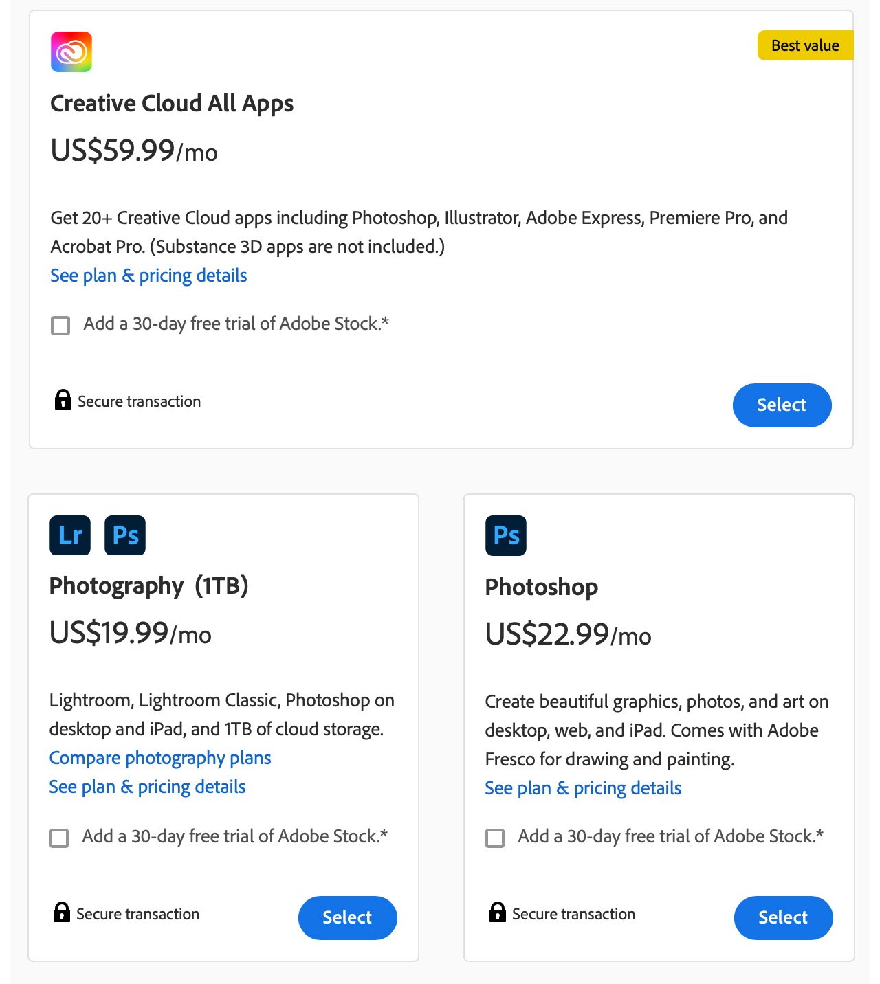 Screenshot of Adobe Creative Cloud subscription plans featuring pricing and brief descriptions for All Apps, Photography, and single Photoshop packages.