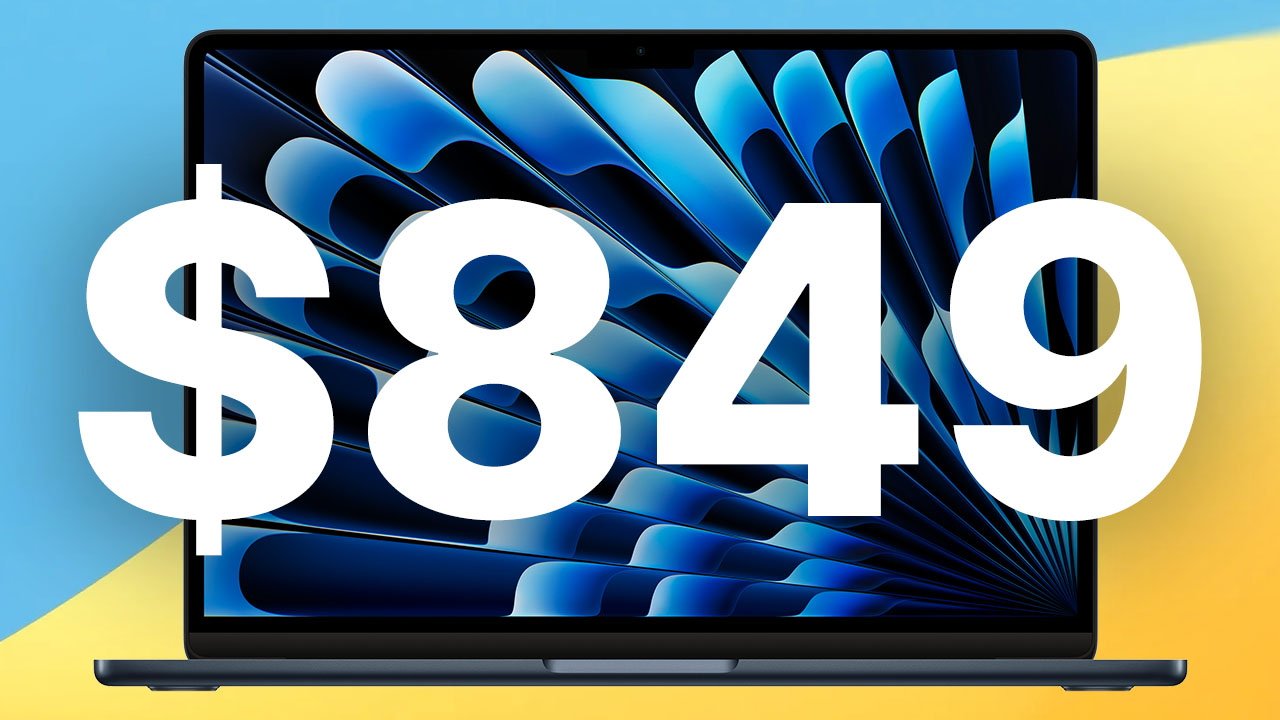 Midnight MacBook Air 13-inch with a dark blue abstract wallpaper displayed, overlaid with large white text reading $849 on a gradient blue and yellow background.