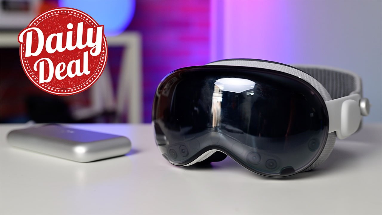 Apple Vision Pro VR headset on a desk with 'Daily Deal' text overlay and colorful background.