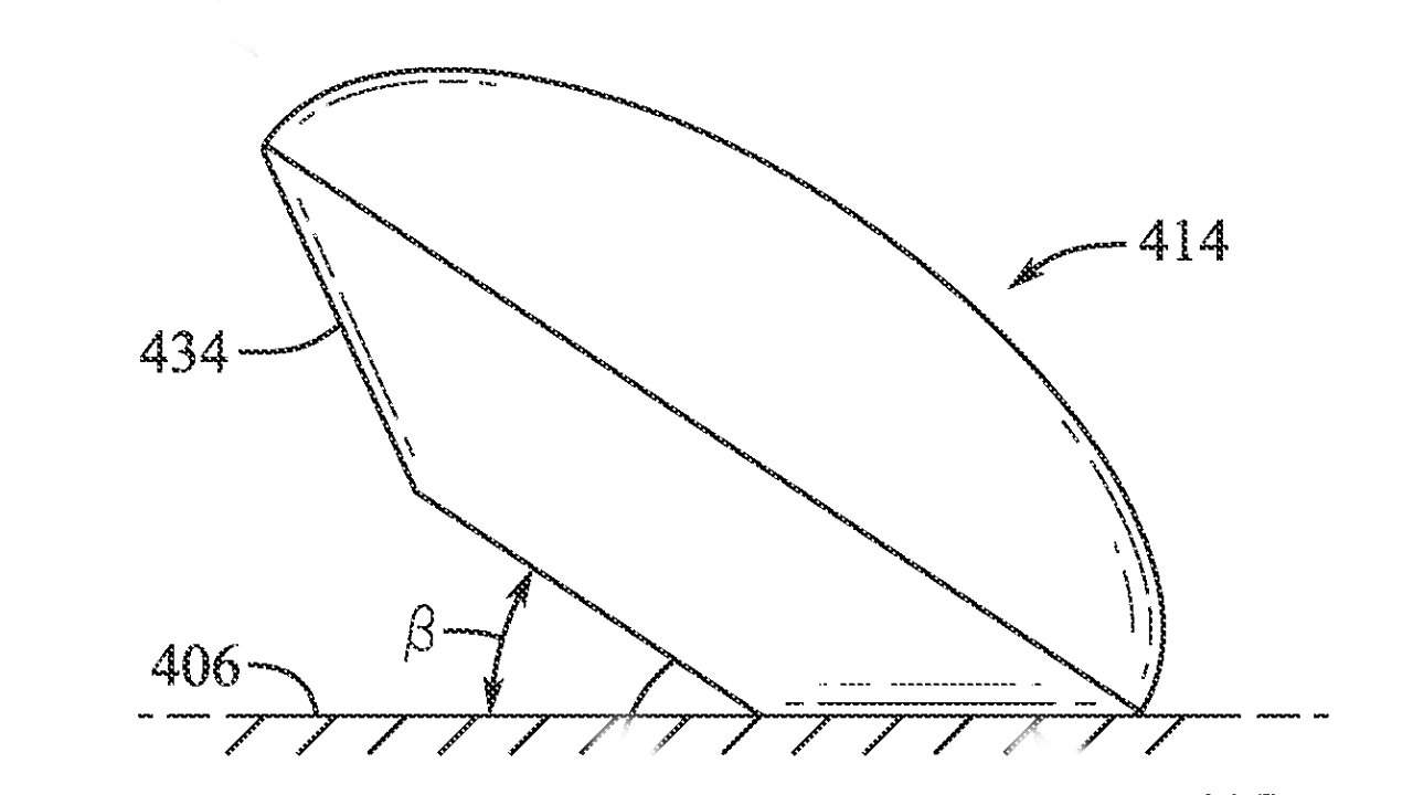 Technical drawing of an elliptical object with reference numbers and indicating arrows, on a horizontal line.