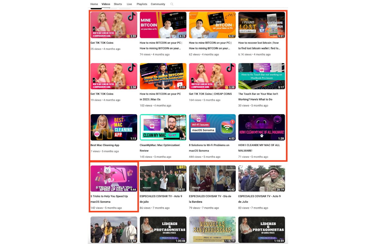 Grid of various video thumbnails on a streaming platform, showcasing different topics such as cryptocurrency tutorials, computer tips, and Spanish-language content.