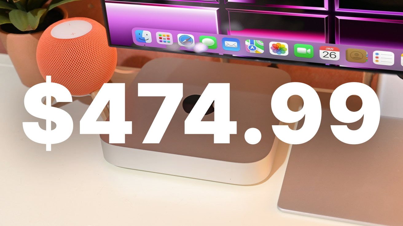 A Mac mini computer, an orange HomePod mini speaker, and a discounted price overlay of $474.99.