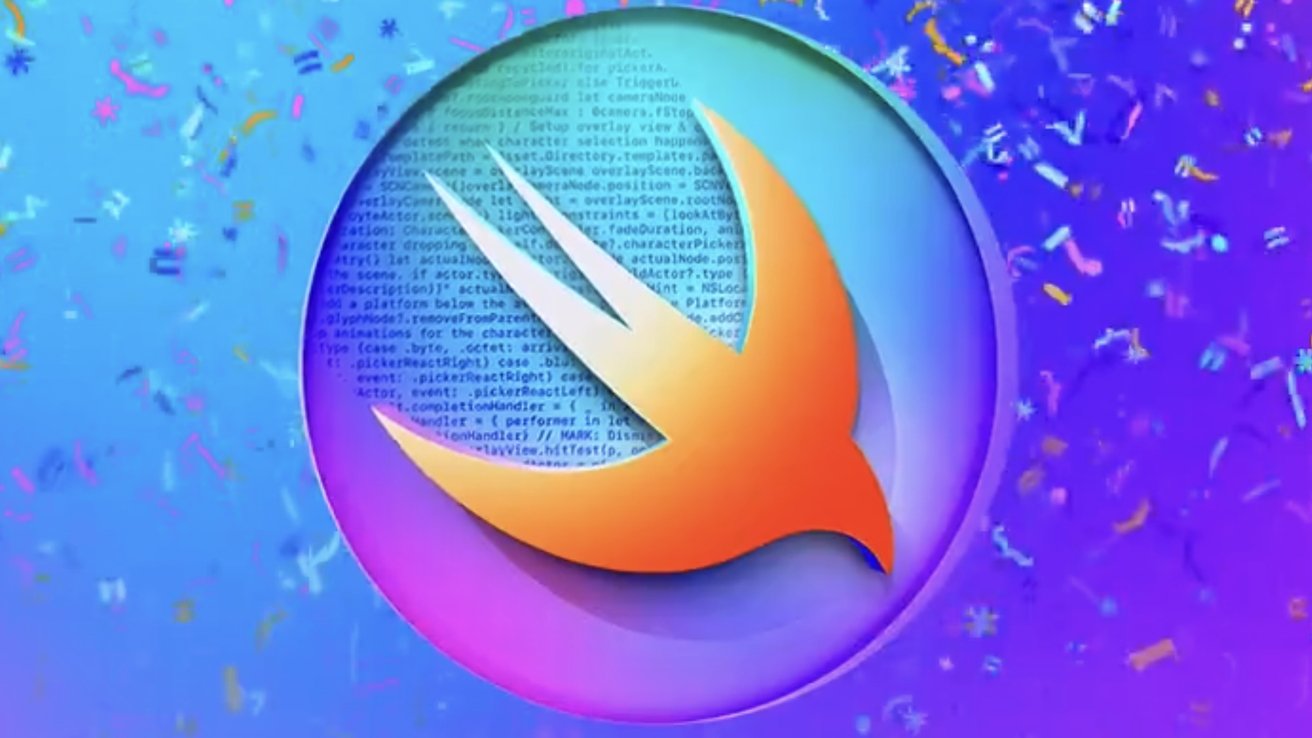 The Swift icon, an orange bird with a blue background, surrounded by confetti